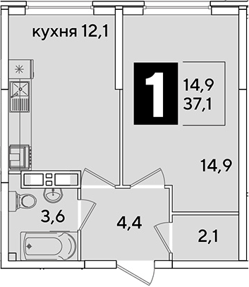 1-комн., 37.1 м², 12/16 этаж, ЖК «Самолет»