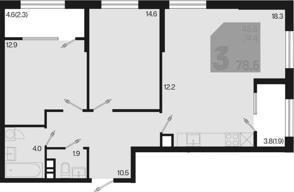 3-комн., 74.4 м², 3/9 этаж, ЖК «Первое место»