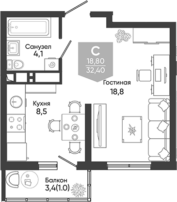 1-комн., 31.4 м², 3/24 этаж, ЖК «Облака»