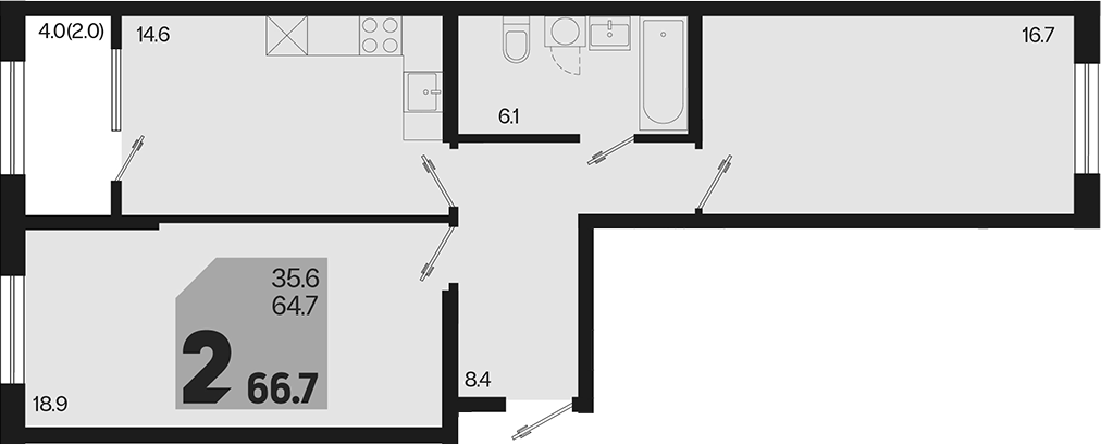 2-комн., 64.7 м², 2/18 этаж, ЖК «Первое место»