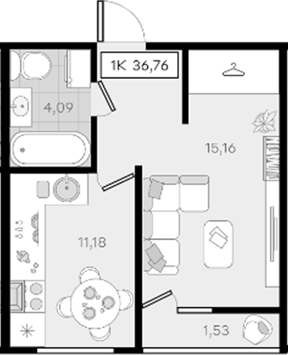 1-комн., 35.23 м², 1/8 этаж, ЖК «История 3»