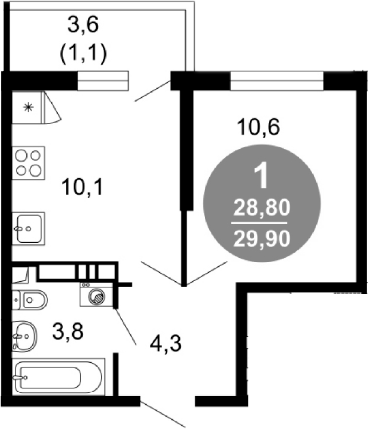 1-комн., 28.8 м², 2/17 этаж, ЖК «Лестория»