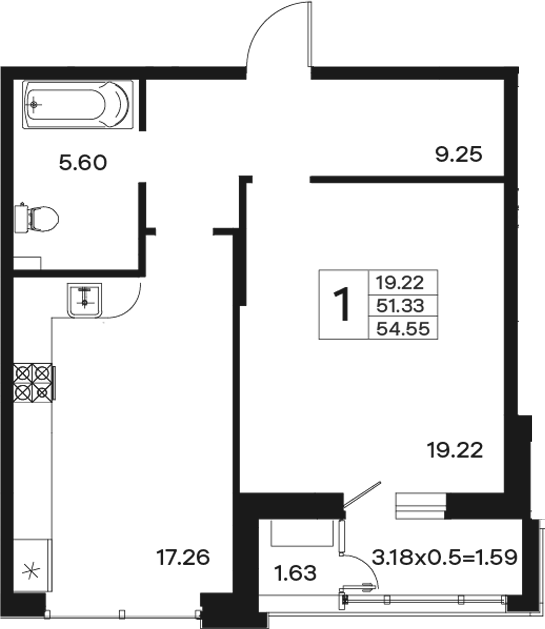 Продается 1-комн. квартира, 51.33 м²