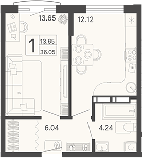 1-комн., 36.05 м², 12/19 этаж, ЖК «Светский лес»