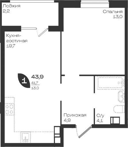 Продается 1-комн. квартира, 41.7 м²