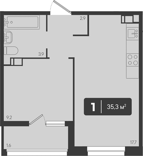 1-комн., 33.7 м², 8/9 этаж, ЖК «Архитектор. ГК ЮгСтройИнвест»