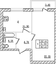 1-комн., 41.02 м², 3/3 этаж, ЖК «Северный. СЗ Северный»