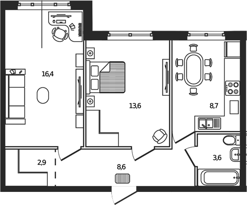 2-комн., 53.8 м², 1/9 этаж, ЖК «Сиреневый бульвар»