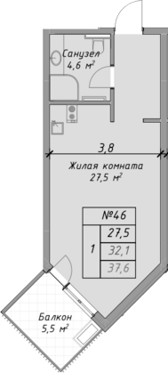 Студия, 32.1 м², 2/4 этаж, ЖК «Оазис Азова»