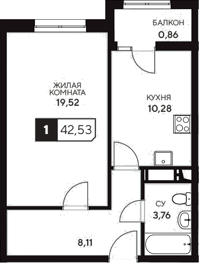1-комн., 41.67 м², 2/20 этаж, ЖК «Центральный. Гамма»