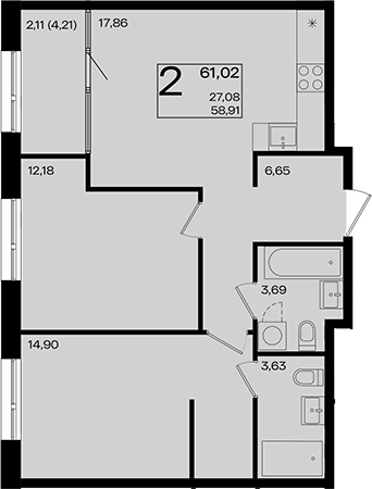 3-комн., 58.91 м², 4/10 этаж, ЖК «Патрики»