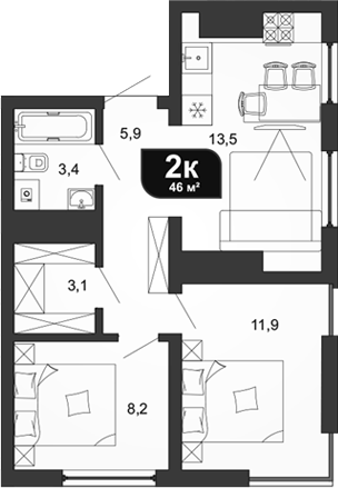 2-комн., 46 м², 1/19 этаж, ЖК «Сочи Парк»