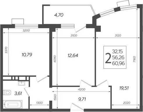 2-комн., 56.26 м², 6/14 этаж, ЖК «Режиссер»