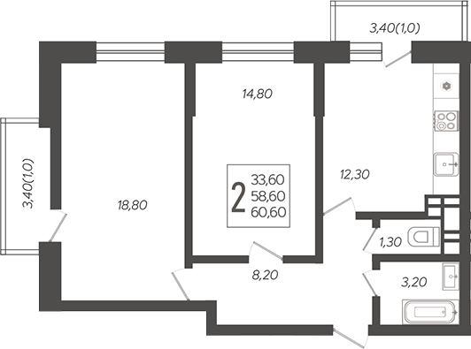 2-комн., 60.01 м², 1/12 этаж, ЖК «Небо»