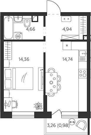 1-комн., 38.7 м², 2/9 этаж, ЖК «К24»