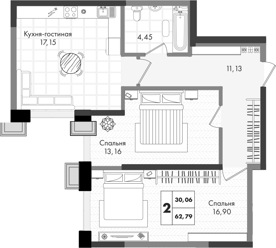 3-комн., 62.79 м², 7/9 этаж, ЖК «Зеленая территория»