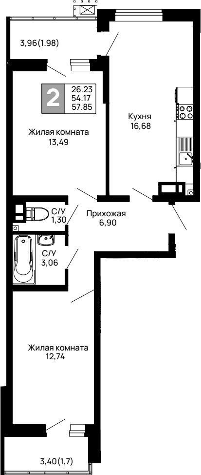 2-комн., 54.17 м², 13/14 этаж, ЖК «Долина»