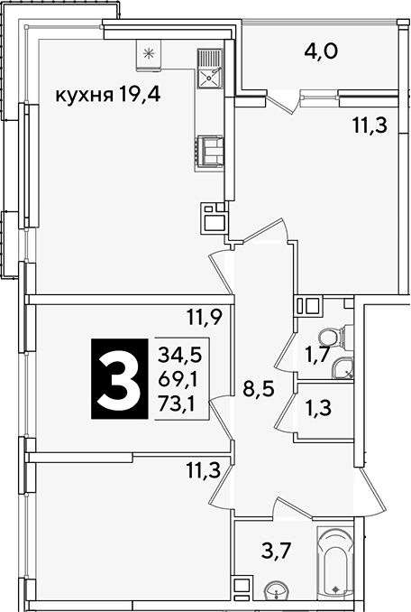 4+ комнаты, 69.1 м², 8/16 этаж, ЖК «Самолет»