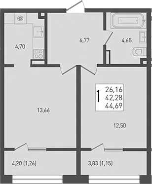 2-комн., 42.28 м², 6/9 этаж, ЖК «Югге»