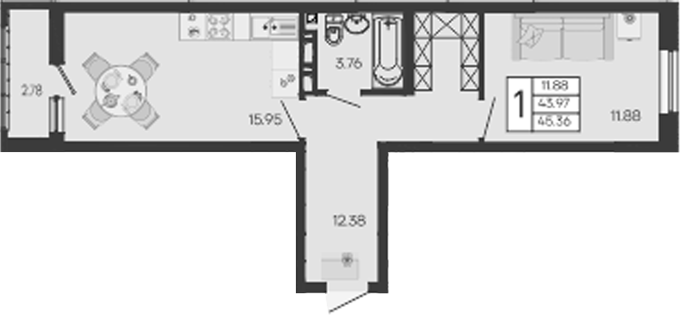 1-комн., 43.97 м², 7/9 этаж, ЖК «Дом 101»