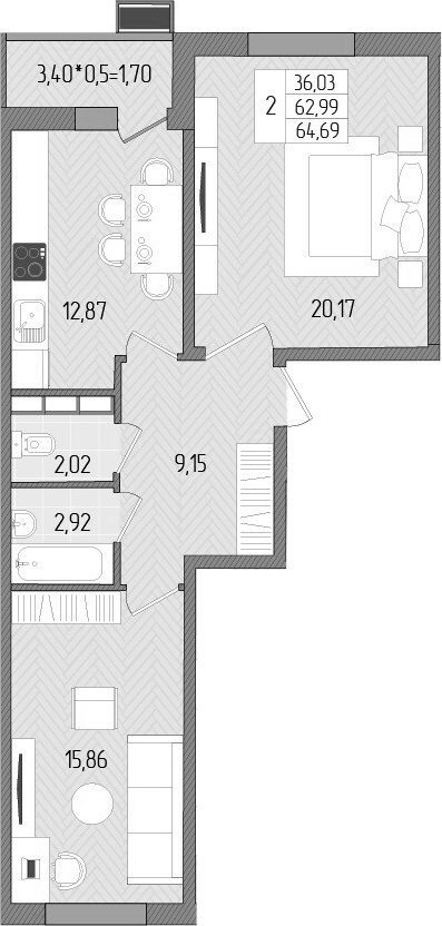 2-комн., 62.99 м², 4/8 этаж, ЖК «Сады у моря»
