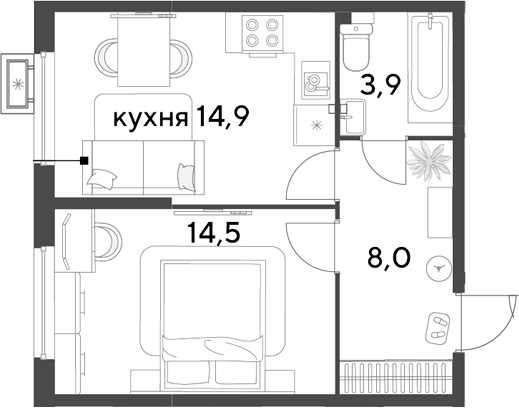 1-комн., 41.3 м², 2/9 этаж, ЖК «Парк Победы»