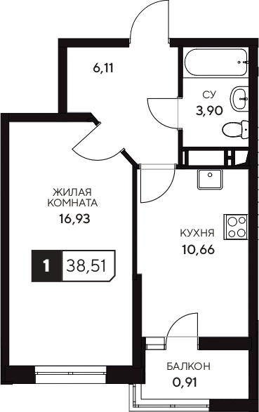 1-комн., 37.6 м², 13/20 этаж, ЖК «Центральный. Гамма»