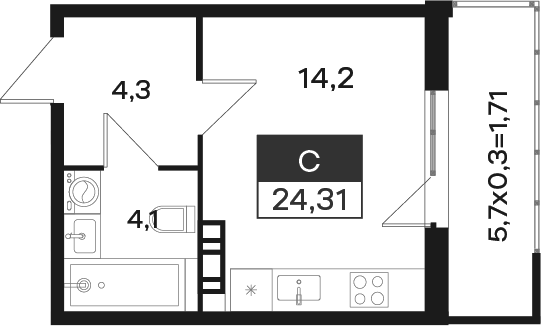 Студия, 22.6 м², 3/4 этаж, ЖК «Новая Елизаветка»