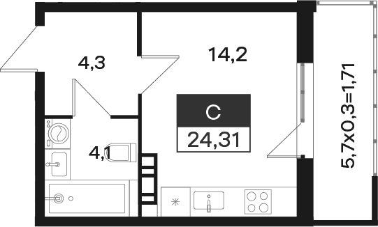 Студия, 22.6 м², 3/4 этаж, ЖК «Новая Елизаветка»