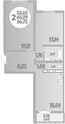 2-комн., 65.09 м², 8/16 этаж, ЖК «Город у моря»