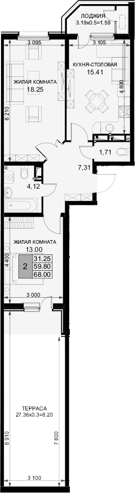 Продается 2-комн. квартира, 58.21 м²