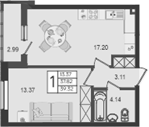 1-комн., 37.82 м², 2/18 этаж, ЖК «Дом 101»