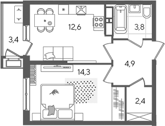1-комн., 38 м², 23/24 этаж, ЖК «Рекорд»