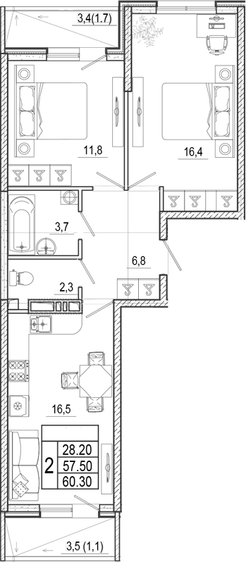 3-комн., 57.5 м², 2/17 этаж, ЖК «Лестория»