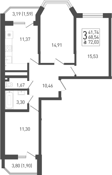 3-комн., 69.8 м², 3/22 этаж, ЖК «ЖК «Кубанская Крепость»»