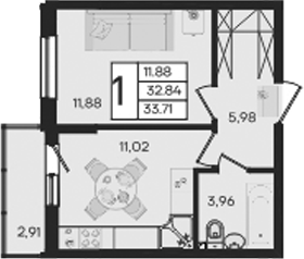 Продается 1-комн. квартира, 32.84 м²