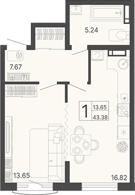 1-комн., 43.38 м², 16/19 этаж, ЖК «Светский лес»