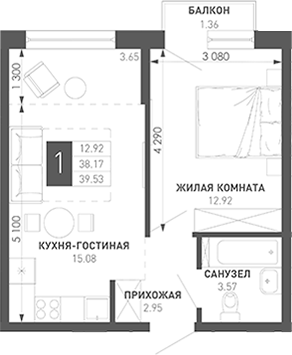 Продается 1-комн. квартира, 39.18 м²