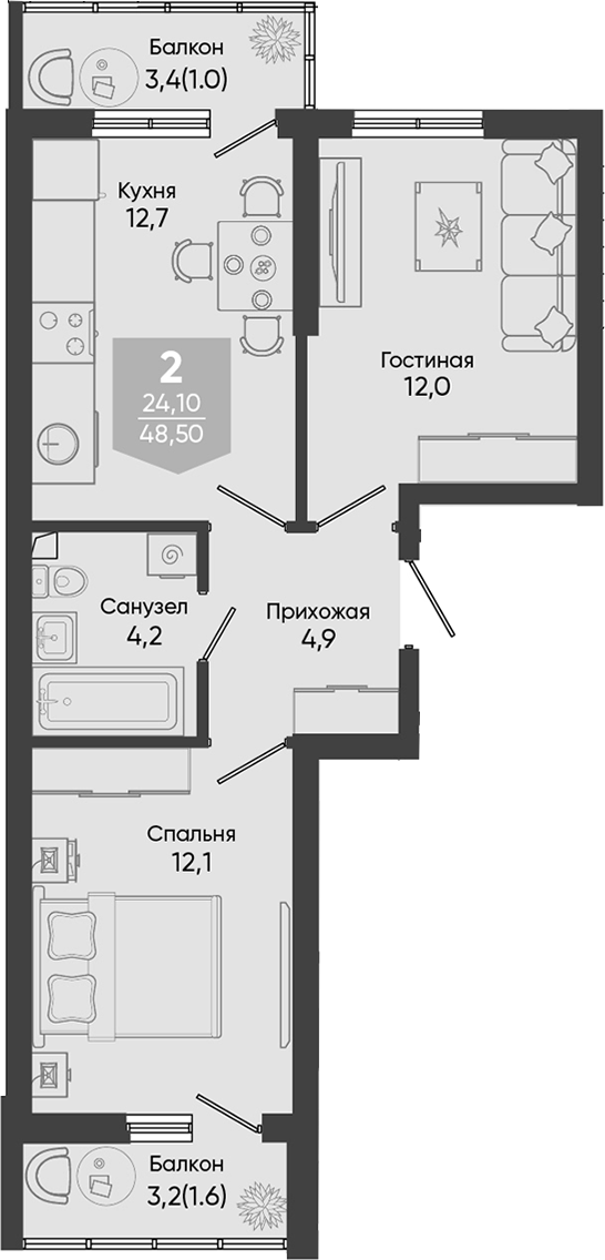 2-комн., 45.9 м², 1/24 этаж, ЖК «Облака»