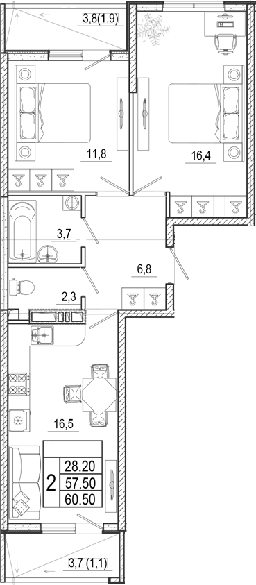 3-комн., 57.5 м², 5/17 этаж, ЖК «Лестория»