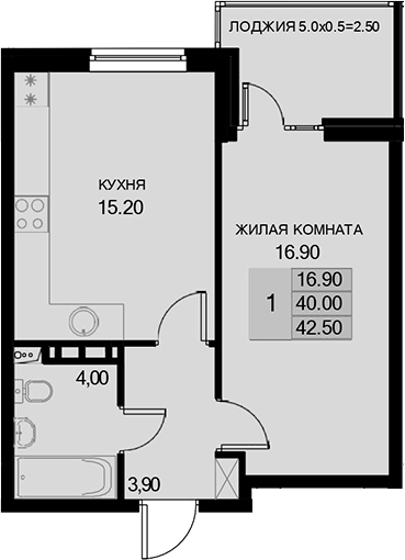 1-комн., 40 м², 4/7 этаж, ЖК «История»