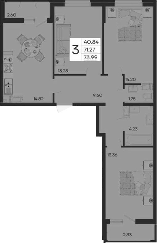 3-комн., 71.27 м², 12/18 этаж, ЖК «Дом 101»