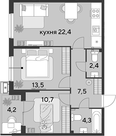 3-комн., 60.8 м², 2/9 этаж, ЖК «Парк Победы»
