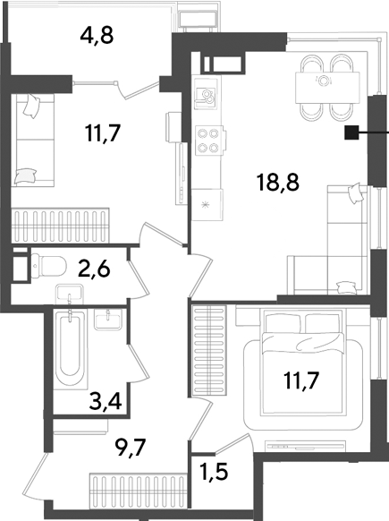 3-комн., 59.4 м², 14/18 этаж, ЖК «Парк Победы»