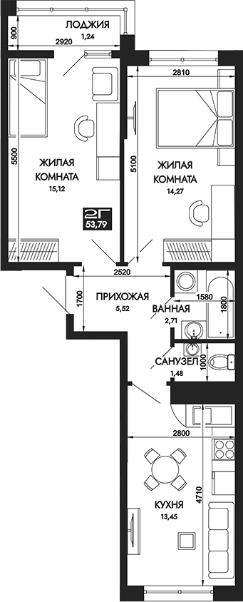 2-комн., 52.55 м², 6/12 этаж, ЖК «Вершины. ГК Смена»