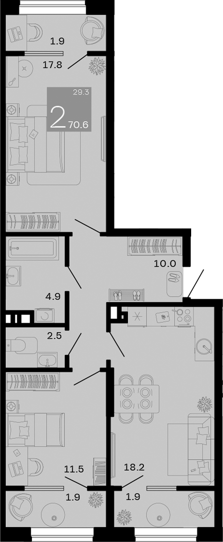 2-комн., 64.9 м², 7/8 этаж, ЖК «Хозяин Морей»