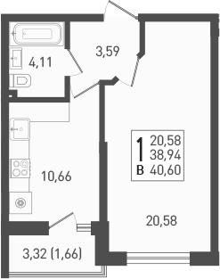 1-комн., 39.7 м², 2/22 этаж, ЖК «ЖК «Кубанская Крепость»»