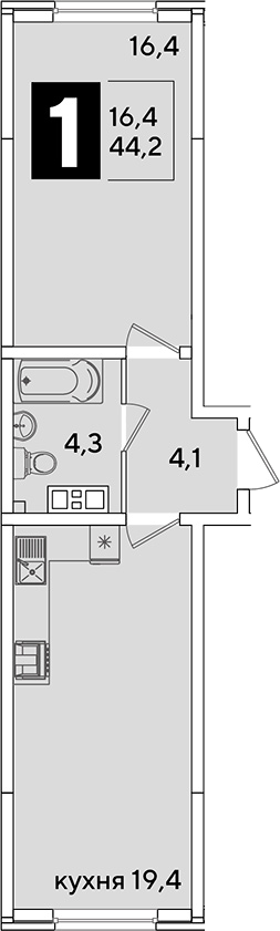 2-комн., 44.2 м², 7/16 этаж, ЖК «Самолет»