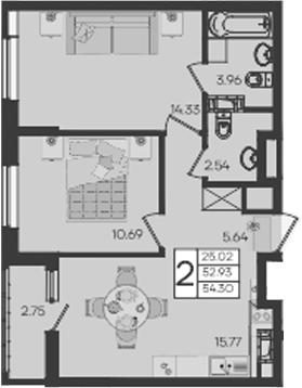 Продается 2-комн. квартира, 52.92 м²