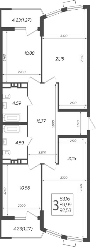3-комн., 89.99 м², 17/21 этаж, ЖК «Режиссер»
